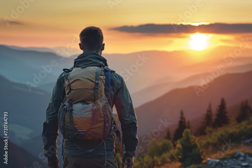 Close up back view of young man with a travel backpack on his back stands on mountain at sunset. Joyful free travel concept