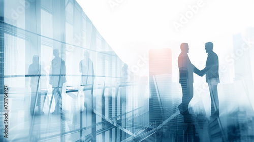 Double exposure image of two businessmen shaking hands with cityscape. Business, agreement and cooperation concept.