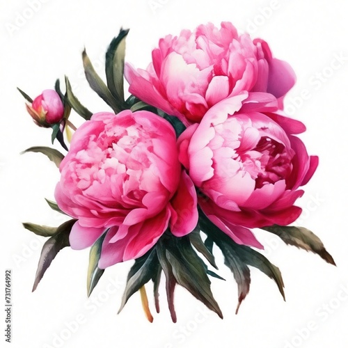 bouquet of pink peonies flowers watercolor isolated on white background.