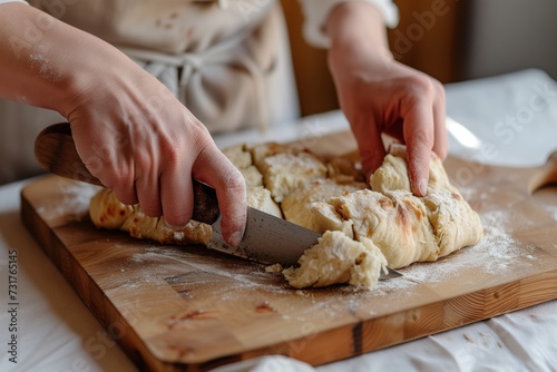 hands cutting through dough with a sharp knife on a cutting board