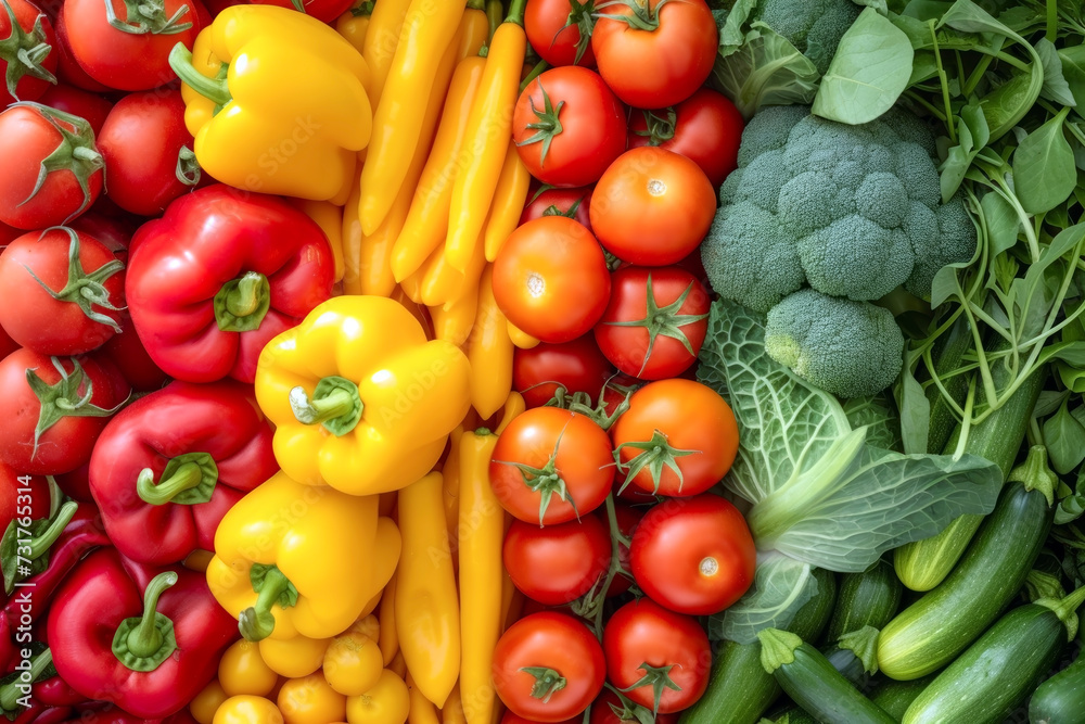 Showcasing a Vibrant Arrangement of Fresh Vegetables in Various Colors Such as Red, Yellow, and Green. Symbolizes Healthy Eating and Diversity.