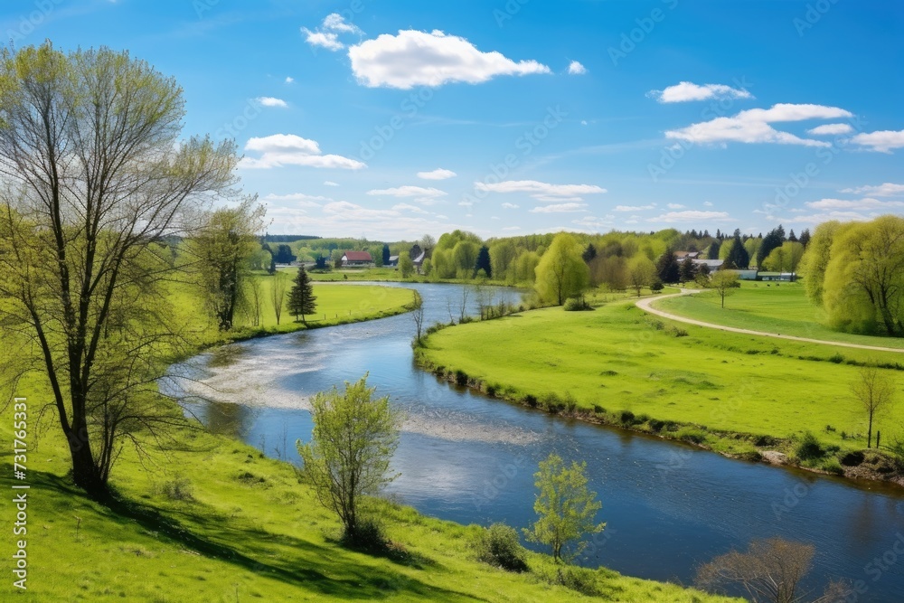 River with dam, trees, meadows, city in background.