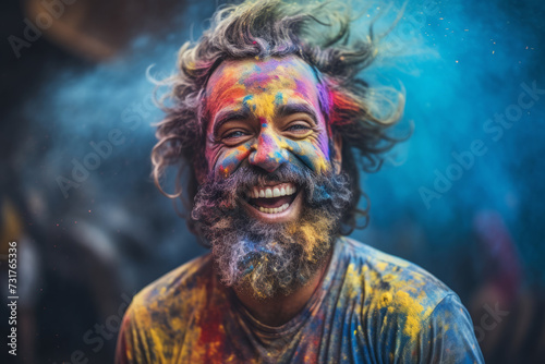 Close up Happy tourist man on holi holiday in india on the street wearing colored powder   © Sunny