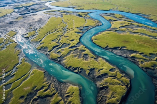 Aerial view of river formation pattern in Eastern Iceland.