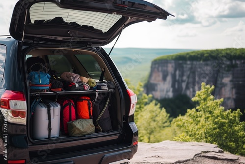 black suv with open trunk, camping gear inside, cliffside view
