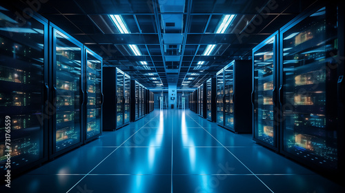 Server room with rows of racks and blinking lights