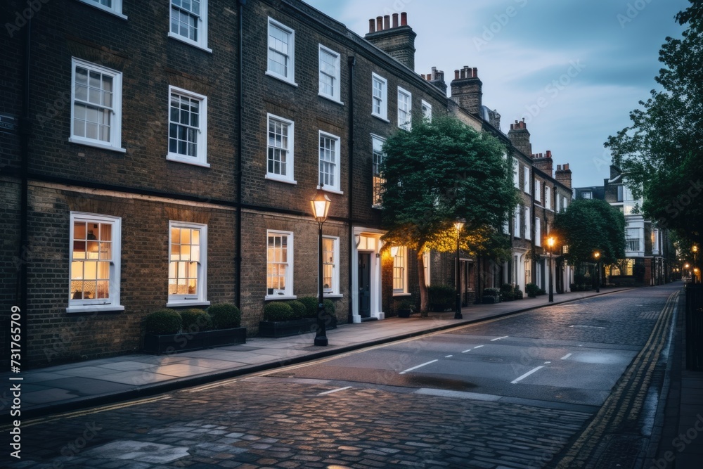 Illuminated houses brighten London streets at night.