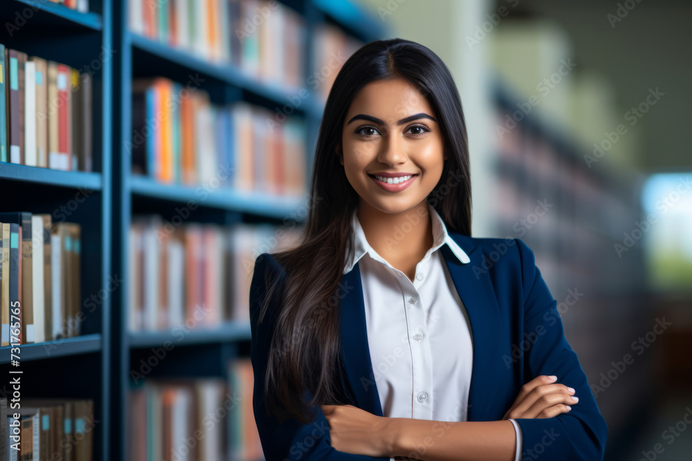 A young indian business woman stands in the library among books. Indian education concept for women