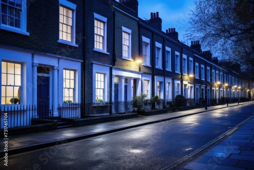 Illuminated houses brighten London streets at night. © darshika