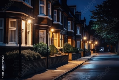 Illuminated houses brighten London streets at night. © darshika