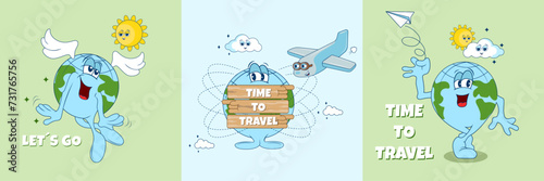  set of card with cartoon character earth, travel card
