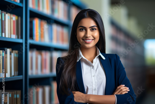A young indian business woman stands in the library among books. Indian education concept for women photo
