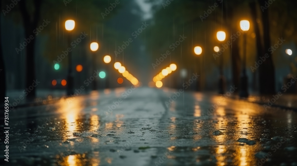 Rainy day. A wet street illuminated by street lights while rain falls