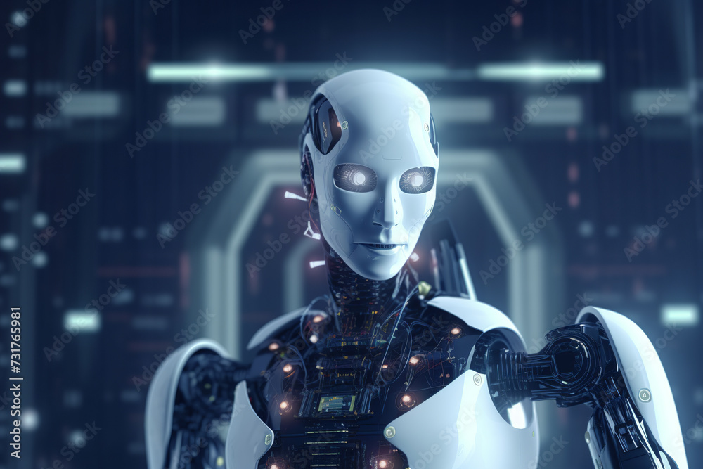 A robot stands motionless in a dimly lit environment A robot stands motionless in a dimly lit environment