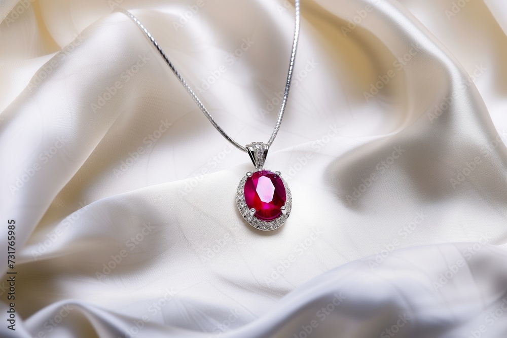 ruby pendant on white silk with gentle ripple ruby pendant on white silk with gentle ripple