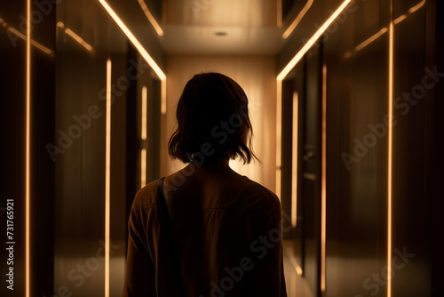 A back view young woman in a hallway, surrounded by visible light fixtures and walls. The girl heard a rustle and is afraid to enter the room. Penetration of robbers concept.