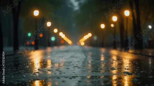 Rainy day. A wet street illuminated by street lights while rain falls