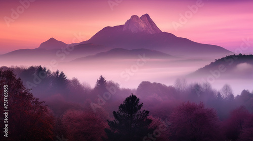 A purple mountain covered in fog is seen with trees in the sunrise foreground