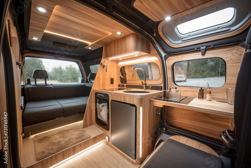 The functional interior of a recreational vehicle with a sink and a window photo