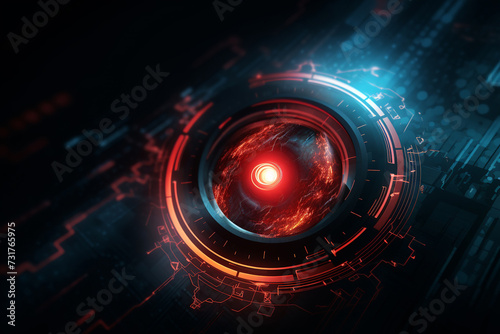 A red and blue circular object stands out against a dark technology background. Robotic eye concept