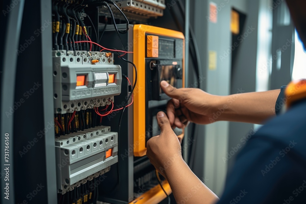 Engineer checks electricity with multimeter at circuit breaker. Engineer checks electricity with multimeter at circuit breaker.