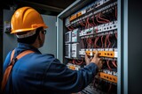 Engineer checks electricity with multimeter at circuit breaker.