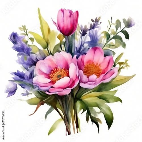 bouquet of spring flowers watercolor isolated on white background.