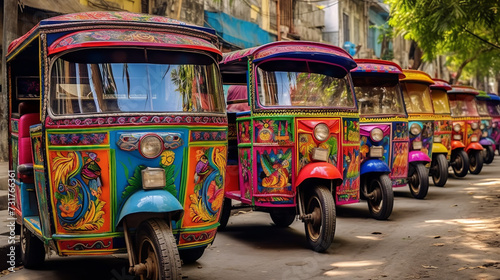 A row of creatively painted vehicles, representing a kaleidoscope of hues, line the side of the road, showcasing an artistic spectacle