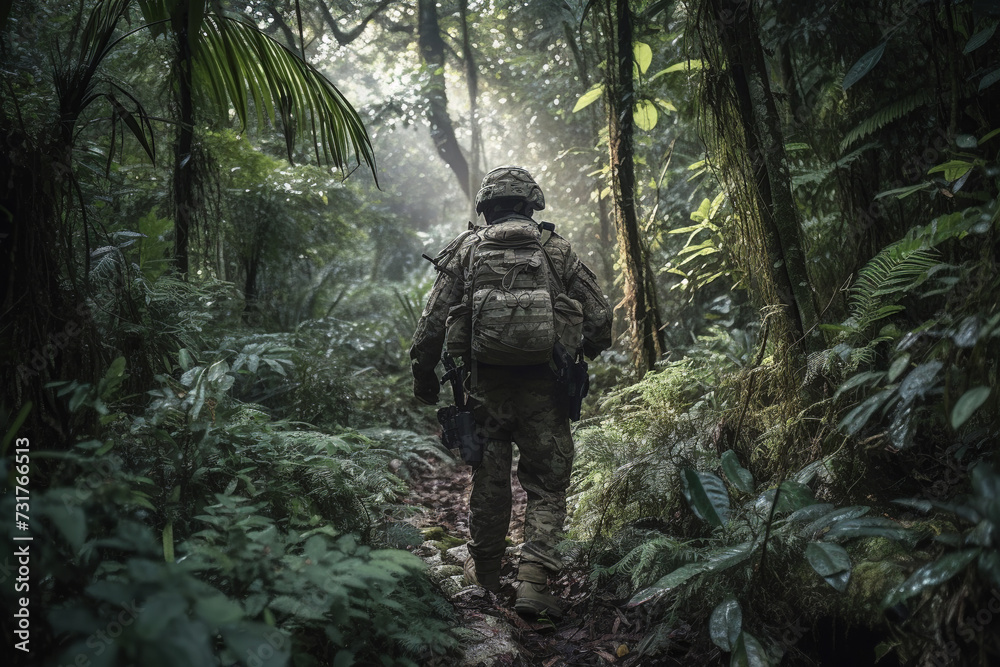 A man donned in camouflage carefully navigates his way through the dense foliage of the jungle, blending seamlessly with his surroundings