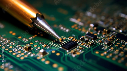 Microcircuit being fixed with soldering iron photo