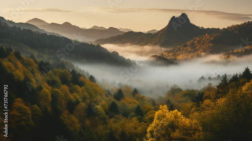 A mountain range covered in dense fog, creating an atmospheric and mystical atmosphere