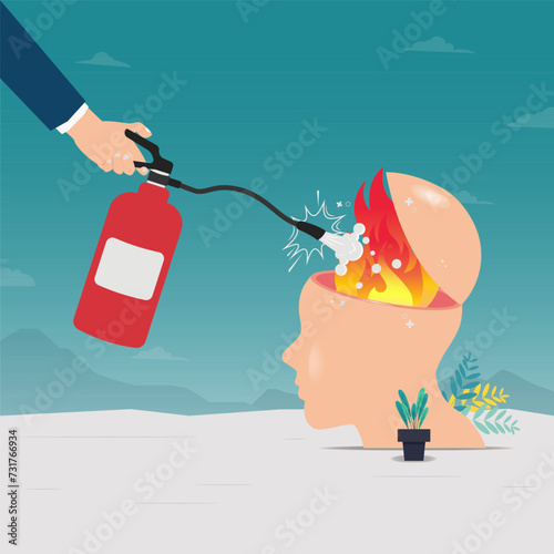 Hand extinguish the burning fire on head. Relieve or cooling down severe stress vector illustration
