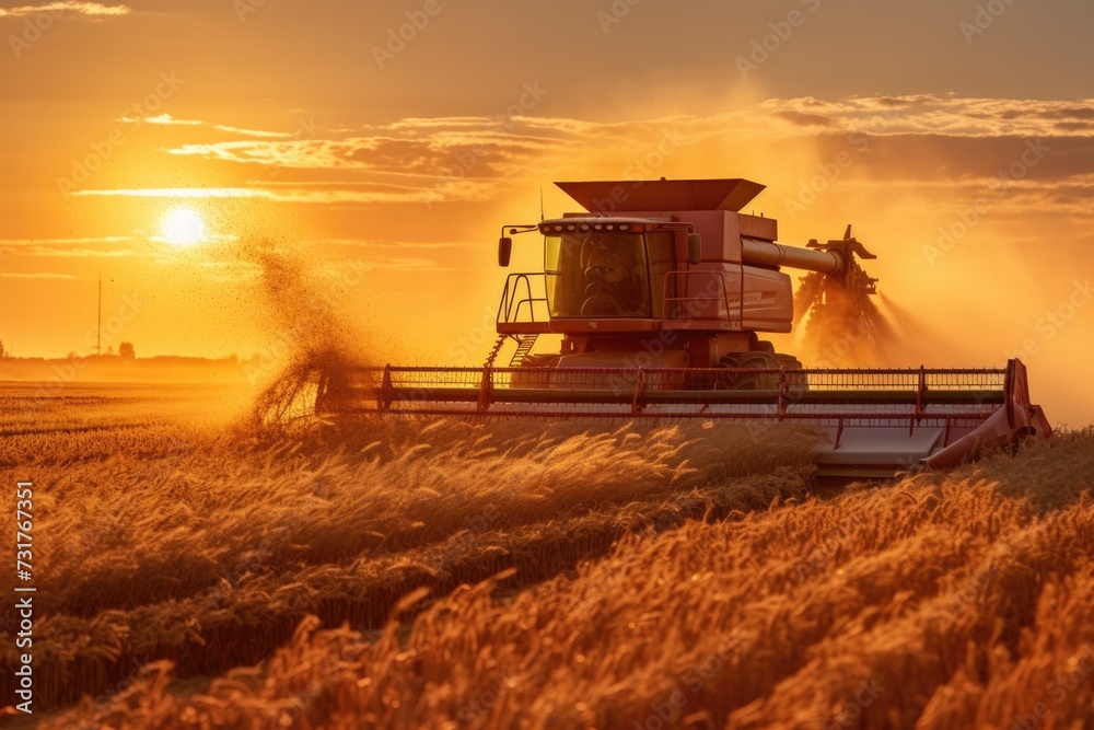Fototapeta premium Sunset in Saskatchewan with Sunburst Through Combines