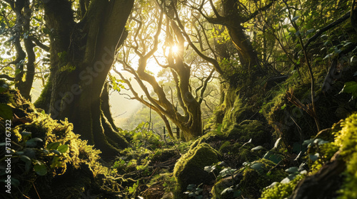 Sunlight breaks through the canopy  casting a warm glow over the serene wilderness  where the foliage is lush and a crystal-clear stream weaves through the vibrant greenery