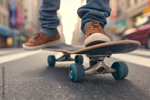 closeup of a skateboarders feet on a smooth city pavement