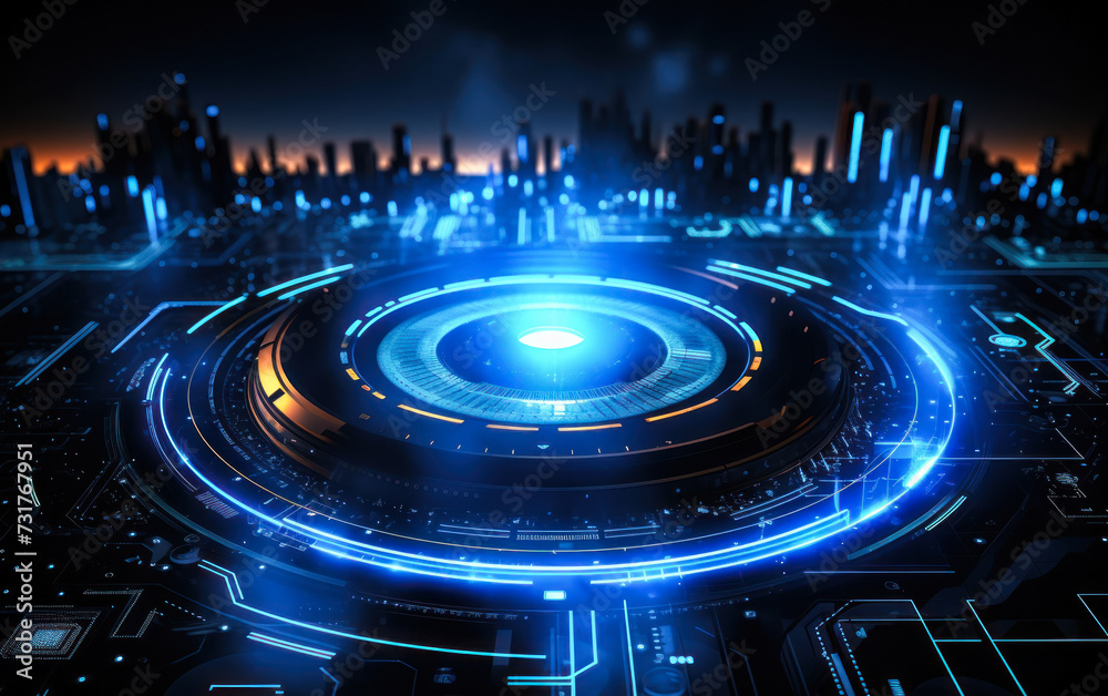 Futuristic blue digital HUD interface with glowing cyber circuit elements, depicting advanced technology, cybersecurity, and modern computing concepts