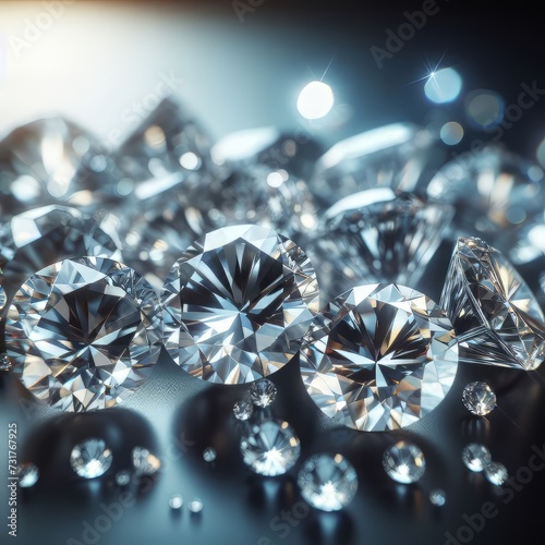 Brilliant cut diamonds sparkle intensely  scattered on a reflective surface with a soft focus on the background