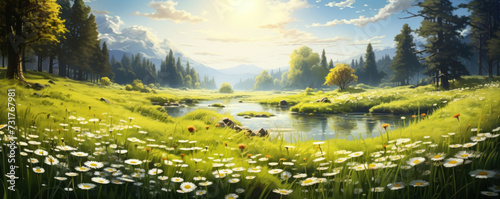 Idyllic sunlit meadow blanketed with daisies and lush grass  evoking serenity and growth  symbolizing renewal and the essence of spring