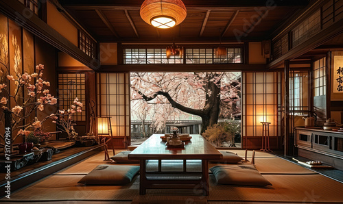 Traditional Japanese tearoom with tatami mats, low wooden table, and sliding shoji doors, showcasing a peaceful cherry blossom mural photo
