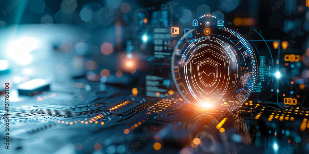 Cybersecurity and data protection concept with shield icon hologram over futuristic interface elements Cybersecurity and data protection concept with shield icon hologram over futuristic interface elements