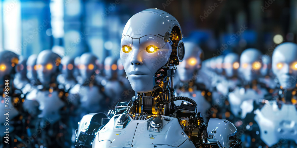 Futuristic robot with human-like features leading an army of androids, symbolizing the rise of artificial intelligence Futuristic robot with human-like features leading an army of androids, symbolizing the rise of artificial intelligence
