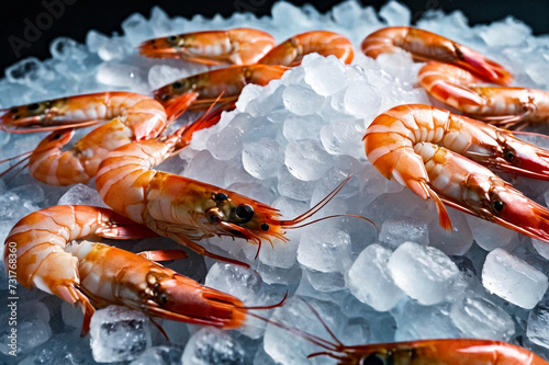 Fresh shrimp seafood on crushed ice at fish market. Fresh frozen on store counter in hypermarket. Frozen sea fish on display counter at store. Concept of retail food backgrounds. Copy ad text space