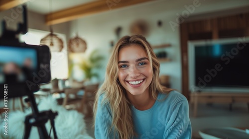 Young beautiful blonde woman influencer with toothy smile streaming for her followers in cozy apartment with LED lights and decorations for advertising campaign