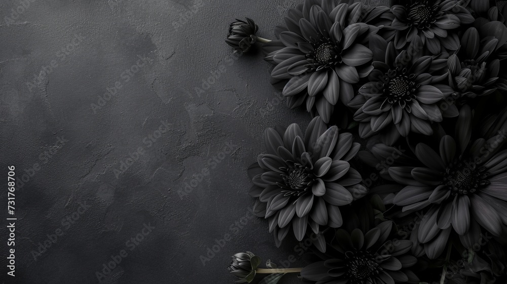 black flowers on a black background with space for text. - obrazy, fototapety, plakaty 