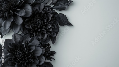 black flowers on a white background with space for text.