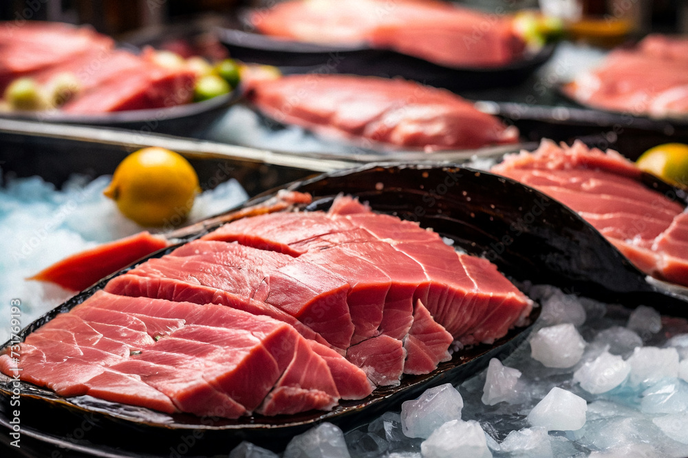 Fresh tuna seafood on crushed ice at fish market. Fresh frozen on store counter in hypermarket. Frozen sea fish on display counter at store. Concept of retail food backgrounds. Copy ad text space