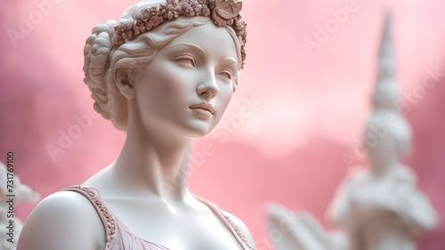 Antique white sculpture of a woman on a pink background. Aesthetics of antiquity