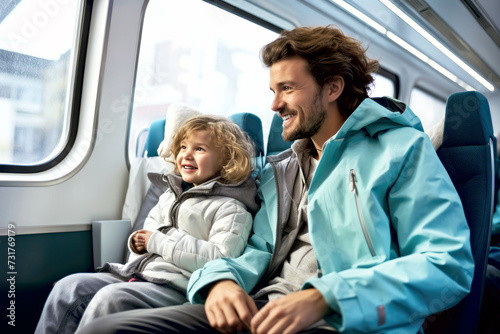 A smiling father and young son seated inside a high-speed train, looking out the window. Concept of benefits and enjoyment of eco-friendly train travel and efficient public transportation for journey © Garnar