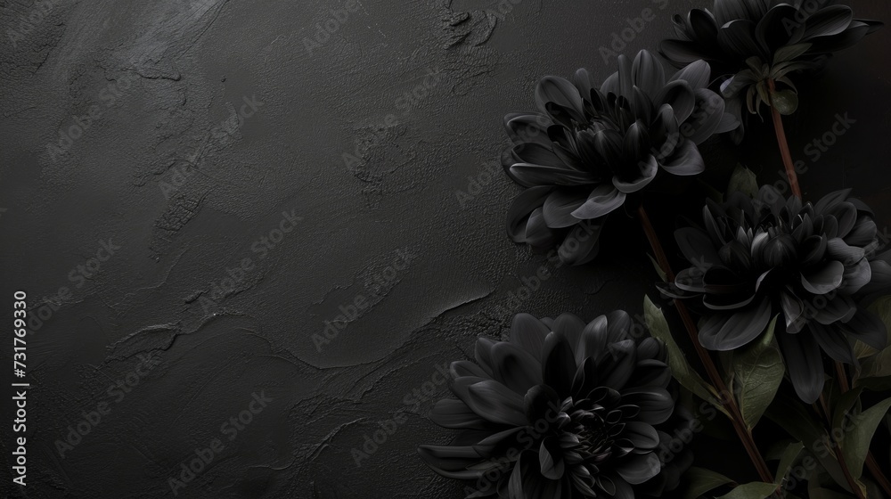 black flowers on a black background with space for text.