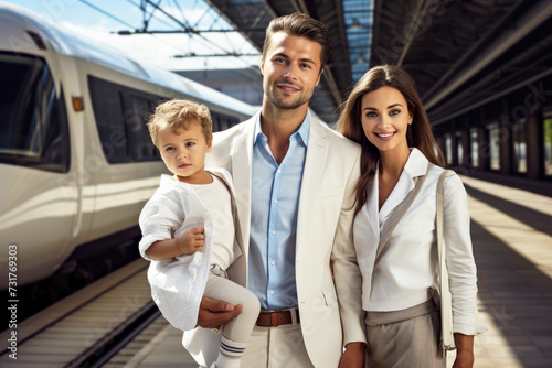 Young caucasian white family standing on a train platform waiting to go in journey. Concept of joy of eco-friendly high-speed train travelling and efficient public transportation for trip on vacation